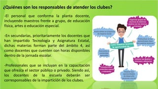 ¿Quiénes son los responsables de atender los clubes?
-El personal que conforma la planta docente,
incluyendo maestros frente a grupo, de educación
física, artes o educación especial.
-En secundarias, prioritariamente los docentes que
han impartido Tecnología y Asignatura Estatal,
dichas materias forman parte del ámbito 4, así
como docentes que cuenten con horas disponibles
dentro de la jornada escolar.
-Profesionales que se incluyan en la capacitación
que ofrezca el sector público o privado. Siendo así,
los docentes de la escuela deberán ser
corresponsables de la impartición de los clubes.
 