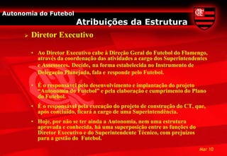 Autonomia do Futebol
                           Atribuições da Estrutura
         Diretor Executivo

          • Ao Diretor Executivo cabe à Direção Geral do Futebol do Flamengo,
            através da coordenação das atividades a cargo dos Superintendentes
            e Assessores. Decide, na forma estabelecida no Instrumento de
            Delegação Planejada, fala e responde pelo Futebol.

          • É o responsável pelo desenvolvimento e implantação do projeto
            “Autonomia do Futebol” e pela elaboração e cumprimento do Plano
            do Futebol.
          • É o responsável pela execução do projeto de construção do CT, que,
            após concluído, ficará a cargo de uma Superintendência.
          • Hoje, por não se ter ainda a Autonomia, nem uma estrutura
            aprovada e conhecida, há uma superposição entre as funções do
            Diretor Executivo e do Superintendente Técnico, com prejuízos
            para a gestão do Futebol.
                                                                            Mar 10
 