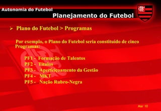 Autonomia do Futebol
                      Planejamento do Futebol

    Plano do Futebol > Programas

     Por exemplo, o Plano do Futebol seria constituído de cinco
     Programas:

         PF1 -   Formação de Talentos
         PF2 -   Títulos
         PF3 -   Aperfeiçoamento da Gestão
         PF4 -   MKT
         PF5 -   Nação Rubro-Negra



                                                              Mar 10
 