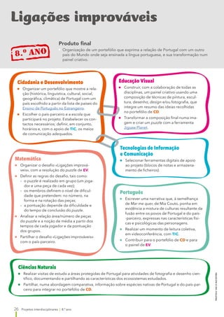 26
PROJETOS
8.º
ANO
©
RAIZ
EDITORA
Projetos interdisciplinares | 8.º ano
Ligações improváveis
8.o ano
Produto final
 
Organização de um portefólio que exprima a relação de Portugal com um outro
país do Mundo onde seja ensinada a língua portuguesa, e sua transformação num
painel criativo.
Cidadania e Desenvolvimento
	
Organizar um portefólio que mostre a rela-
ção (histórica, linguística, cultural, social,
geográfica, climática) de Portugal com um
país escolhido a partir da lista de países do
Ensino de Português no Estrangeiro.
	
Escolher o país-parceiro e a escola que
participará no projeto. Estabelecer os con-
tactos necessários; definir, em conjunto,
horários e, com o apoio de TIC, os meios
de comunicação adequados.
Educação Visual
	
Construir, com a colaboração de todas as
disciplinas, um painel criativo usando uma
composição de técnicas de pintura, escul-
tura, desenho, design e/ou fotografia, que
integre um resumo das ideias recolhidas
no portefólio de CD.
	
Transformar a composição final numa ima-
gem e criar um puzzle com a ferramenta
Jigsaw Planet.
Tecnologias de Informação
e Comunicação
	
Selecionar ferramentas digitais de apoio
ao projeto (blocos de notas e armazena-
mento de ficheiros).
Matemática
	
Organizar o desafio «Ligações imprová-
veis», com a resolução do puzzle de EV.
	
Definir as regras do desafio, tais como:
	 –	o puzzle é realizado em grupo (um joga-
dor e uma peça de cada vez);
	 –	
os membros definem o nível de dificul-
dade que pretendem: no número, na
forma e na rotação das peças;
	 –	
a pontuação depende da dificuldade e
do tempo de conclusão do puzzle.
	
Analisar a relação área/número de peças
do puzzle e a noção de média a partir dos
tempos de cada jogador e da pontuação
dos grupos.
	
Partilhar o desafio «Ligações improváveis»
com o país-parceiro.
Português
	
Escrever uma narrativa que, à semelhança
de Mar me quer, de Mia Couto, ponha em
evidência a mistura de culturas resultante da
fusão entre os povos de Portugal e do país-
-parceiro, expressas nas características físi-
cas e psicológicas das personagens.
	
Realizar um momento de leitura coletiva,
em videoconferência, com TIC.
	
Contribuir para o portefólio de CD e para
o painel de EV.
Ciências Naturais
	
Realizar visitas de estudo a áreas protegidas de Portugal para atividades de fotografia e desenho cien-
tífico, documentando e partilhando as características dos ecossistemas estudados.
	
Partilhar, numa abordagem comparativa, informação sobre espécies nativas de Portugal e do país-par-
ceiro para integrar no portefólio de CD.
 