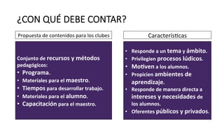 ¿CON  QUÉ  DEBE  CONTAR?
Propuesta	
  de	
  contenidos	
  para	
  los	
  clubes	
   Caracterís>cas	
  
•  Responde	
  a	
  un	
  tema	
  y	
  ámbito.	
  
•  Privilegien	
  procesos	
  lúdicos.	
  
•  MoOven	
  a	
  los	
  alumnos.	
  
•  Propicien	
  ambientes	
  de	
  
aprendizaje.	
  
•  Responde	
  de	
  manera	
  directa	
  a	
  
intereses	
  y	
  necesidades	
  de	
  
los	
  alumnos.	
  
•  Oferentes	
  públicos	
  y	
  privados.	
  
Conjunto	
  de	
  recursos	
  y	
  métodos	
  
pedagógicos:	
  
•  Programa.	
  
•  Materiales	
  para	
  el	
  maestro.	
  
•  Tiempos	
  para	
  desarrollar	
  trabajo.	
  
•  Materiales	
  para	
  el	
  alumno.	
  
•  Capacitación	
  para	
  el	
  maestro.	
  
 