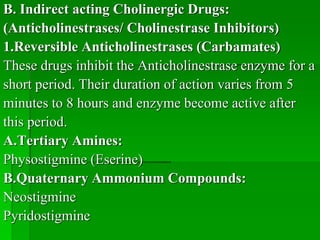 B. Indirect acting Cholinergic Drugs:
(Anticholinestrases/ Cholinestrase Inhibitors)
1.Reversible Anticholinestrases (Carbamates)
These drugs inhibit the Anticholinestrase enzyme for a
short period. Their duration of action varies from 5
minutes to 8 hours and enzyme become active after
this period.
A.Tertiary Amines:
Physostigmine (Eserine)
B.Quaternary Ammonium Compounds:
Neostigmine
Pyridostigmine
 