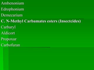 Ambenonium
Edrophonium
Demecarium
C. N-Methyl Carbamates esters (Insectcides)
Carbaryl
Aldicort
Propoxur
Carbofuran
 