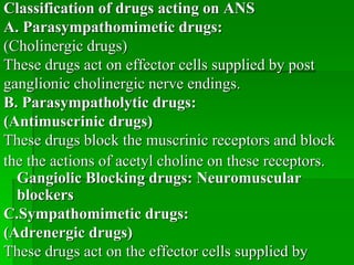 Classification of drugs acting on ANS
A. Parasympathomimetic drugs:
(Cholinergic drugs)
These drugs act on effector cells supplied by post
ganglionic cholinergic nerve endings.
B. Parasympatholytic drugs:
(Antimuscrinic drugs)
These drugs block the muscrinic receptors and block
the the actions of acetyl choline on these receptors.
Gangiolic Blocking drugs: Neuromuscular
blockers
C.Sympathomimetic drugs:
(Adrenergic drugs)
These drugs act on the effector cells supplied by
 