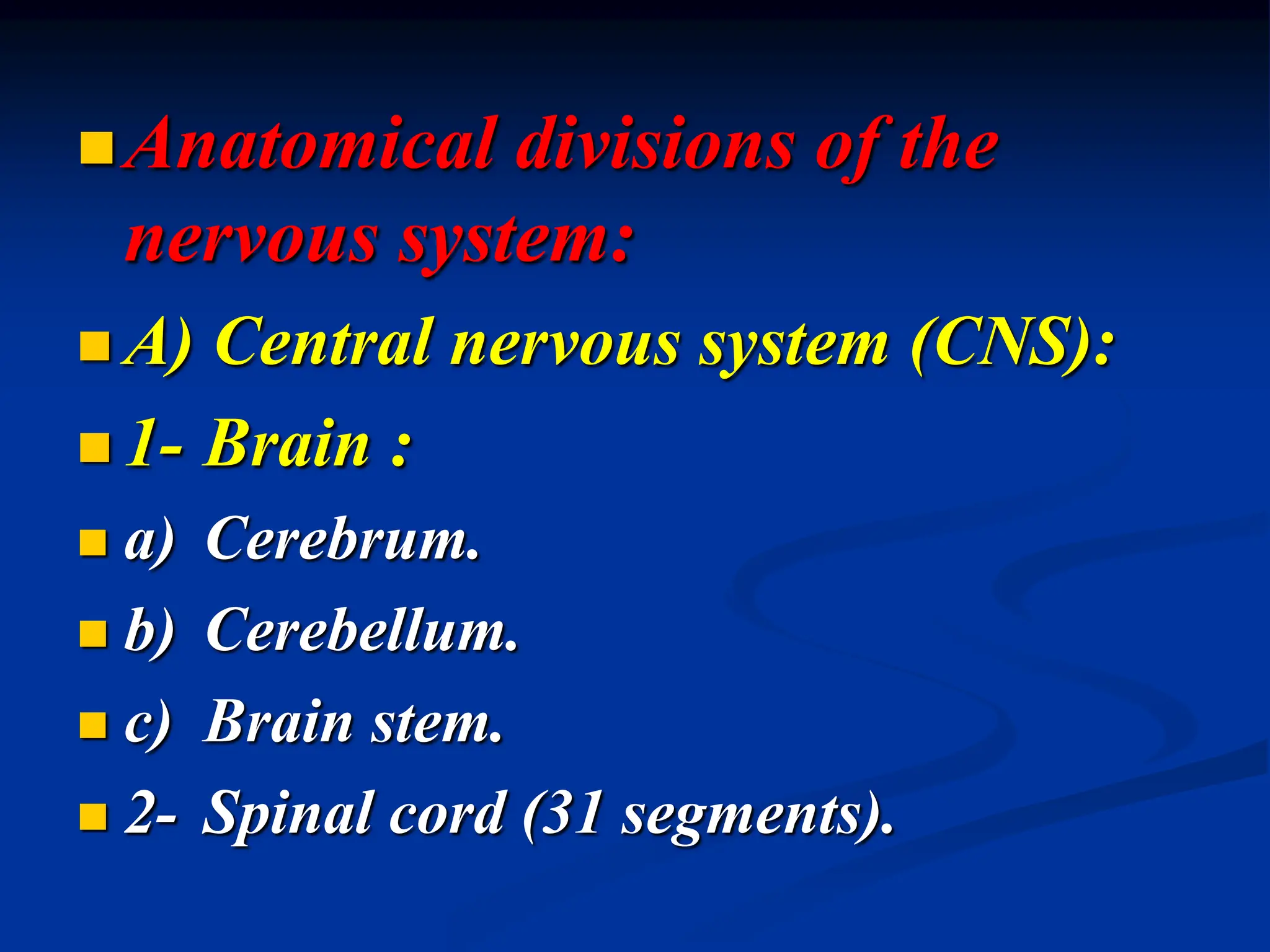 Anatomical divisions of the
nervous system:
 A) Central nervous system (CNS):
 1- Brain :
 a) Cerebrum.
 b) Cerebellum.
 c) Brain stem.
 2- Spinal cord (31 segments).
 