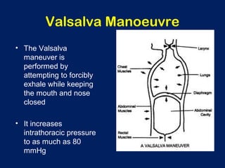 Valsalva Manoeuvre
• The Valsalva
maneuver is
performed by
attempting to forcibly
exhale while keeping
the mouth and nose
closed
• It increases
intrathoracic pressure
to as much as 80
mmHg
 