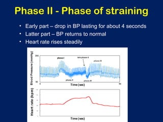 Phase II - Phase of straining
• Early part – drop in BP lasting for about 4 seconds
• Latter part – BP returns to normal
• Heart rate rises steadily
 