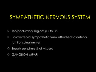 SYMPATHETIC NERVOUS SYSTEM
○ Thoracolumbar regions (T1 to L2)
○ Paravertebral sympathetic trunk attached to anterior
rami of spinal nerves
○ Supply periphery & all viscera
○ GANGLION IMPAR
 
