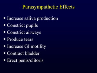 Parasympathetic EffectsIncrease saliva productionConstrict pupilsConstrict airwaysProduce tearsIncrease GI motilityContract bladderErect penis/clitoris