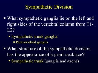 Sympathetic DivisionWhat sympathetic ganglia lie on the left and right sides of the vertebral column from T1-L2?Sympathetic trunk gangliaParavertebral gangliaWhat structure of the sympathetic division has the appearance of a pearl necklace?Sympathetic trunk (ganglia and axons)