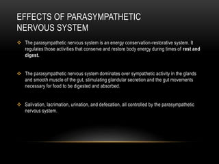 EFFECTS OF PARASYMPATHETIC
NERVOUS SYSTEM
 The parasympathetic nervous system is an energy conservation-restorative system. It
regulates those activities that conserve and restore body energy during times of rest and
digest.
 The parasympathetic nervous system dominates over sympathetic activity in the glands
and smooth muscle of the gut, stimulating glandular secretion and the gut movements
necessary for food to be digested and absorbed.
 Salivation, lacrimation, urination, and defecation, all controlled by the parasympathetic
nervous system.
 