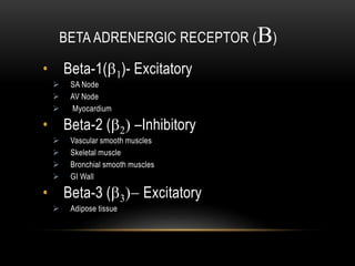 BETA ADRENERGIC RECEPTOR (B)
• Beta-1(b1)- Excitatory
 SA Node
 AV Node
 Myocardium
• Beta-2 (b2) –Inhibitory
 Vascular smooth muscles
 Skeletal muscle
 Bronchial smooth muscles
 GI Wall
• Beta-3 (b3)- Excitatory
 Adipose tissue
 