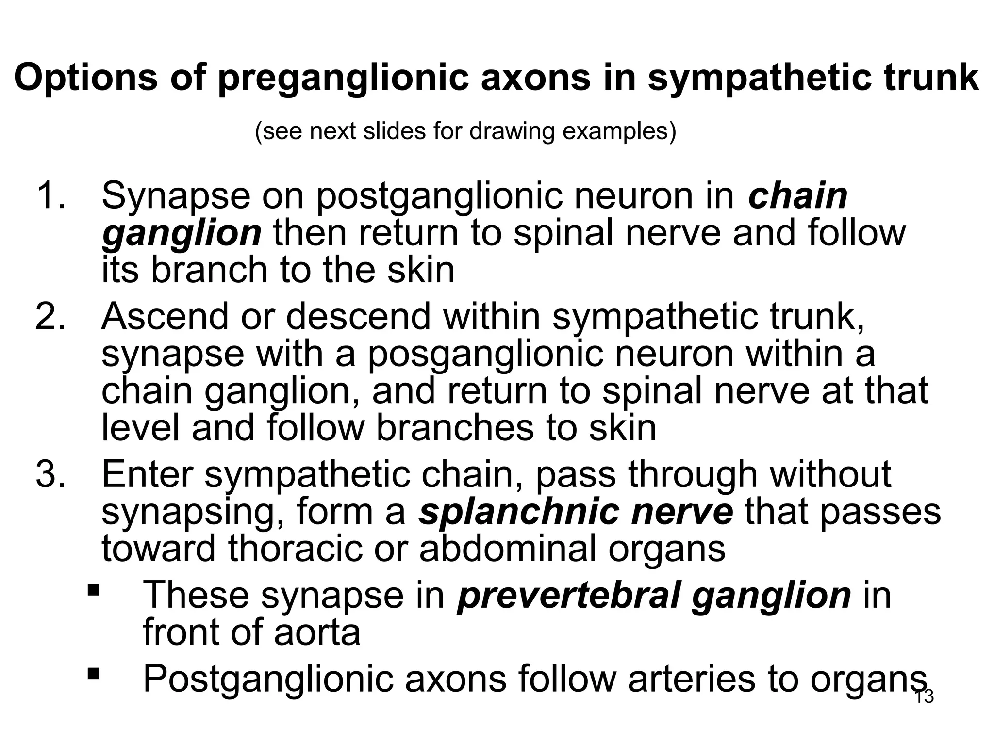 13
Options of preganglionic axons in sympathetic trunk
1. Synapse on postganglionic neuron in chain
ganglion then return to spinal nerve and follow
its branch to the skin
2. Ascend or descend within sympathetic trunk,
synapse with a posganglionic neuron within a
chain ganglion, and return to spinal nerve at that
level and follow branches to skin
3. Enter sympathetic chain, pass through without
synapsing, form a splanchnic nerve that passes
toward thoracic or abdominal organs
 These synapse in prevertebral ganglion in
front of aorta
 Postganglionic axons follow arteries to organs
(see next slides for drawing examples)
 