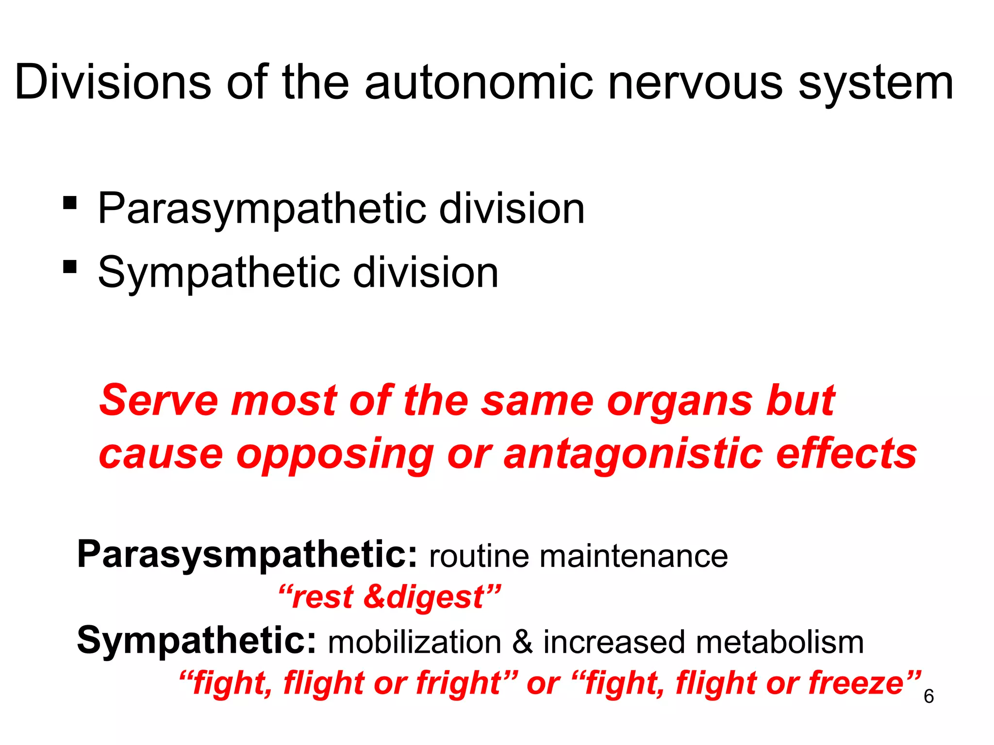 6
Divisions of the autonomic nervous system
 Parasympathetic division
 Sympathetic division
Serve most of the same organs but
cause opposing or antagonistic effects
Parasysmpathetic: routine maintenance
“rest &digest”
Sympathetic: mobilization & increased metabolism
“fight, flight or fright” or “fight, flight or freeze”
 
