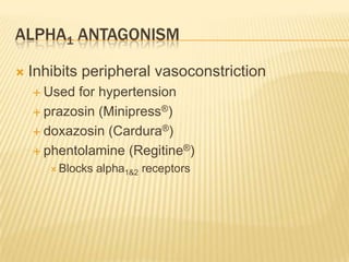 ALPHA1 ANTAGONISM
 Inhibits peripheral vasoconstriction
 Used for hypertension
 prazosin (Minipress®)
 doxazosin (Cardura®)
 phentolamine (Regitine®)
 Blocks alpha1&2 receptors
 