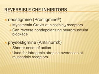 REVERSIBLE CHE INHIBITORS
 neostigmine (Prostigmine®)
 Myasthenia Gravis at nicotinicM receptors
 Can reverse nondepolarizing neuromuscular
blockade
 physostigmine (Antilirium®)
 Shorter onset of action
 Used for iatrogenic atropine overdoses at
muscarinic receptors
 