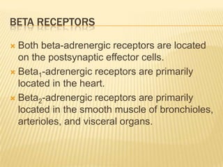 BETA RECEPTORS
 Both beta-adrenergic receptors are located
on the postsynaptic effector cells.
 Beta1-adrenergic receptors are primarily
located in the heart.
 Beta2-adrenergic receptors are primarily
located in the smooth muscle of bronchioles,
arterioles, and visceral organs.
 