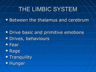 THE LIMBIC SYSTEMTHE LIMBIC SYSTEM
 Between the thalamus and cerebrumBetween the thalamus and cerebrum
 Drive basic and primitive emotionsDrive basic and primitive emotions
 Drives, behavioursDrives, behaviours
 FearFear
 RageRage
 TranquilityTranquility
 HungerHunger
 