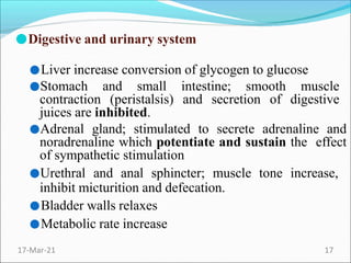 ●Digestive and urinary system
●Liver increase conversion of glycogen to glucose
●Stomach and small intestine; smooth muscle
contraction (peristalsis) and secretion of digestive
juices are inhibited.
●Adrenal gland; stimulated to secrete adrenaline and
noradrenaline which potentiate and sustain the effect
of sympathetic stimulation
●Urethral and anal sphincter; muscle tone increase,
inhibit micturition and defecation.
●Bladder walls relaxes
●Metabolic rate increase
17-Mar-21 17
 
