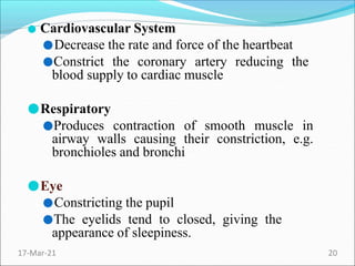 ● Cardiovascular System
●Decrease the rate and force of the heartbeat
●Constrict the coronary artery reducing the
blood supply to cardiac muscle
●Respiratory
●Produces contraction of smooth muscle in
airway walls causing their constriction, e.g.
bronchioles and bronchi
●Eye
●Constricting the pupil
●The eyelids tend to closed, giving the
appearance of sleepiness.
17-Mar-21 20
 