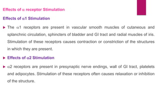 Effects of  receptor Stimulation
Effects of 1 Stimulation
 The 1 receptors are present in vascular smooth muscles of cutaneous and
splanchnic circulation, sphincters of bladder and GI tract and radial muscles of iris.
Stimulation of these receptors causes contraction or constriction of the structures
in which they are present.
 Effects of 2 Stimulation
 2 receptors are present in presynaptic nerve endings, wall of GI tract, platelets
and adipocytes. Stimulation of these receptors often causes relaxation or inhibition
of the structure.
 