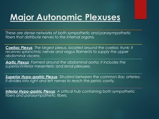 Major Autonomic Plexuses
These are dense networks of both sympathetic and parasympathetic
fibers that distribute nerves to the internal organs.
Coeliac Plexus: The largest plexus, located around the coeliac trunk; it
receives splanchnic nerves and vagus filaments to supply the upper
abdominal viscera.
Aortic Plexus: Formed around the abdominal aorta; it includes the
superior/inferior mesenteric and renal plexuses.
Superior Hypo-gastric Plexus: Situated between the common iliac arteries;
it divides into right and left nerves to reach the pelvic cavity.
Inferior Hypo-gastric Plexus: A critical hub containing both sympathetic
fibers and parasympathetic fibers.
 