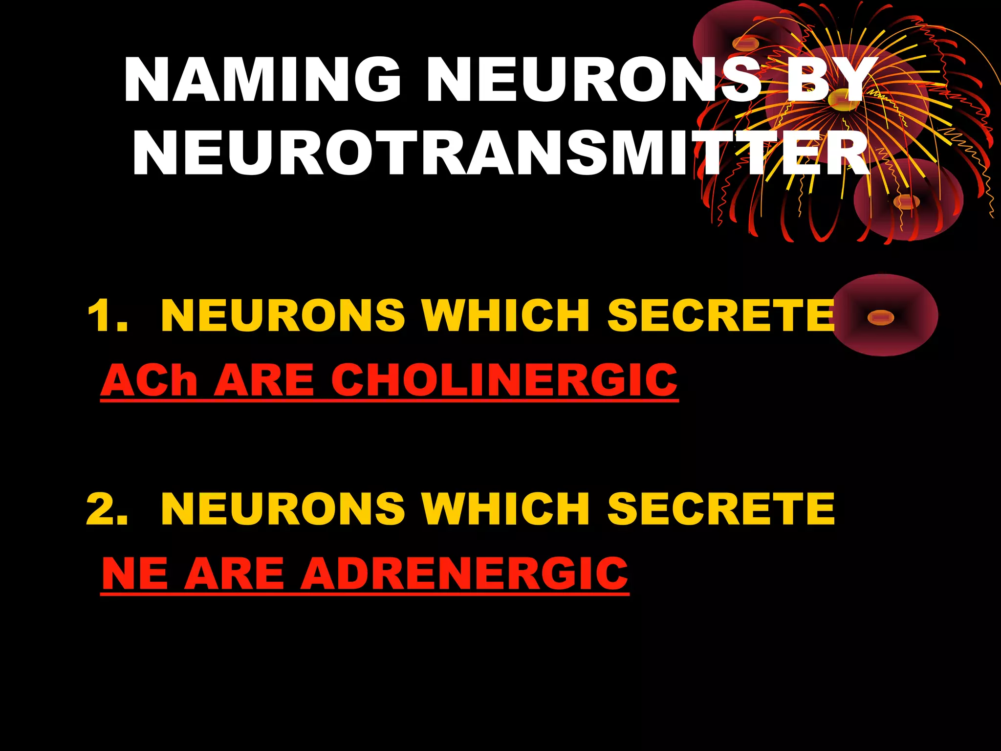 NAMING NEURONS BY
 NEUROTRANSMITTER

1. NEURONS WHICH SECRETE
 ACh ARE CHOLINERGIC

2. NEURONS WHICH SECRETE
 NE ARE ADRENERGIC
 