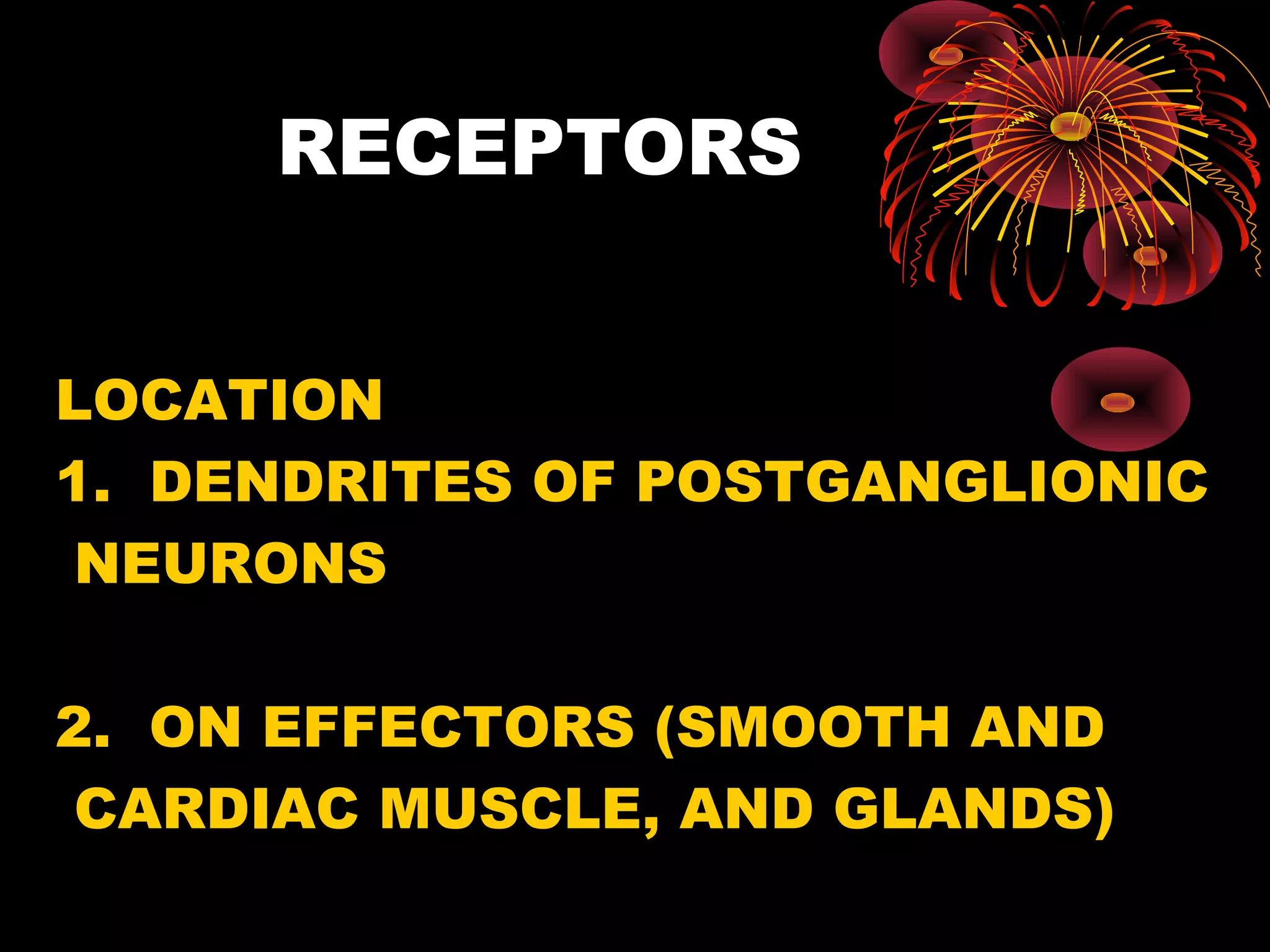 RECEPTORS


LOCATION
1. DENDRITES OF POSTGANGLIONIC
 NEURONS

2. ON EFFECTORS (SMOOTH AND
 CARDIAC MUSCLE, AND GLANDS)
 