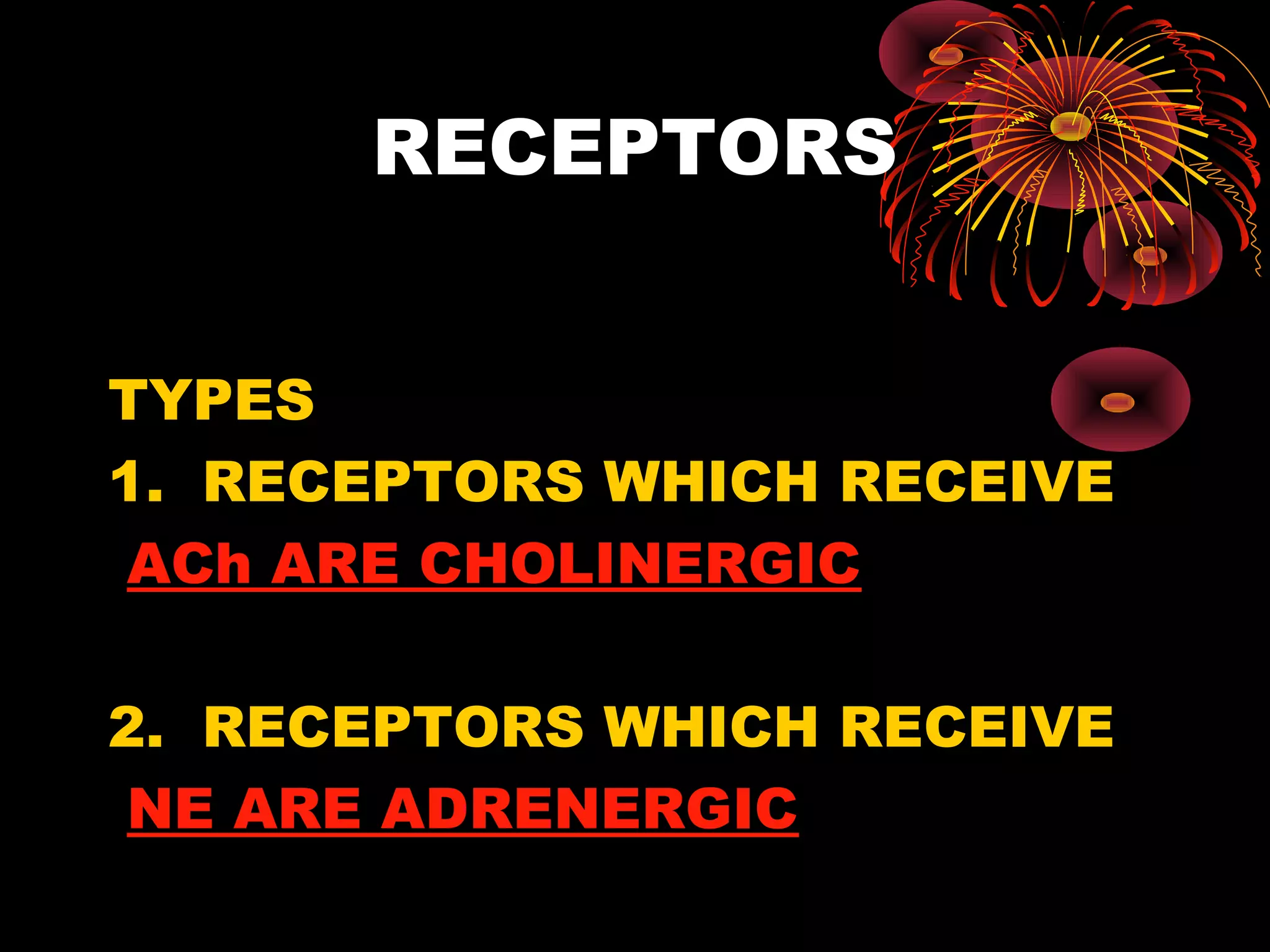 RECEPTORS


TYPES
1. RECEPTORS WHICH RECEIVE
 ACh ARE CHOLINERGIC

2. RECEPTORS WHICH RECEIVE
 NE ARE ADRENERGIC
 