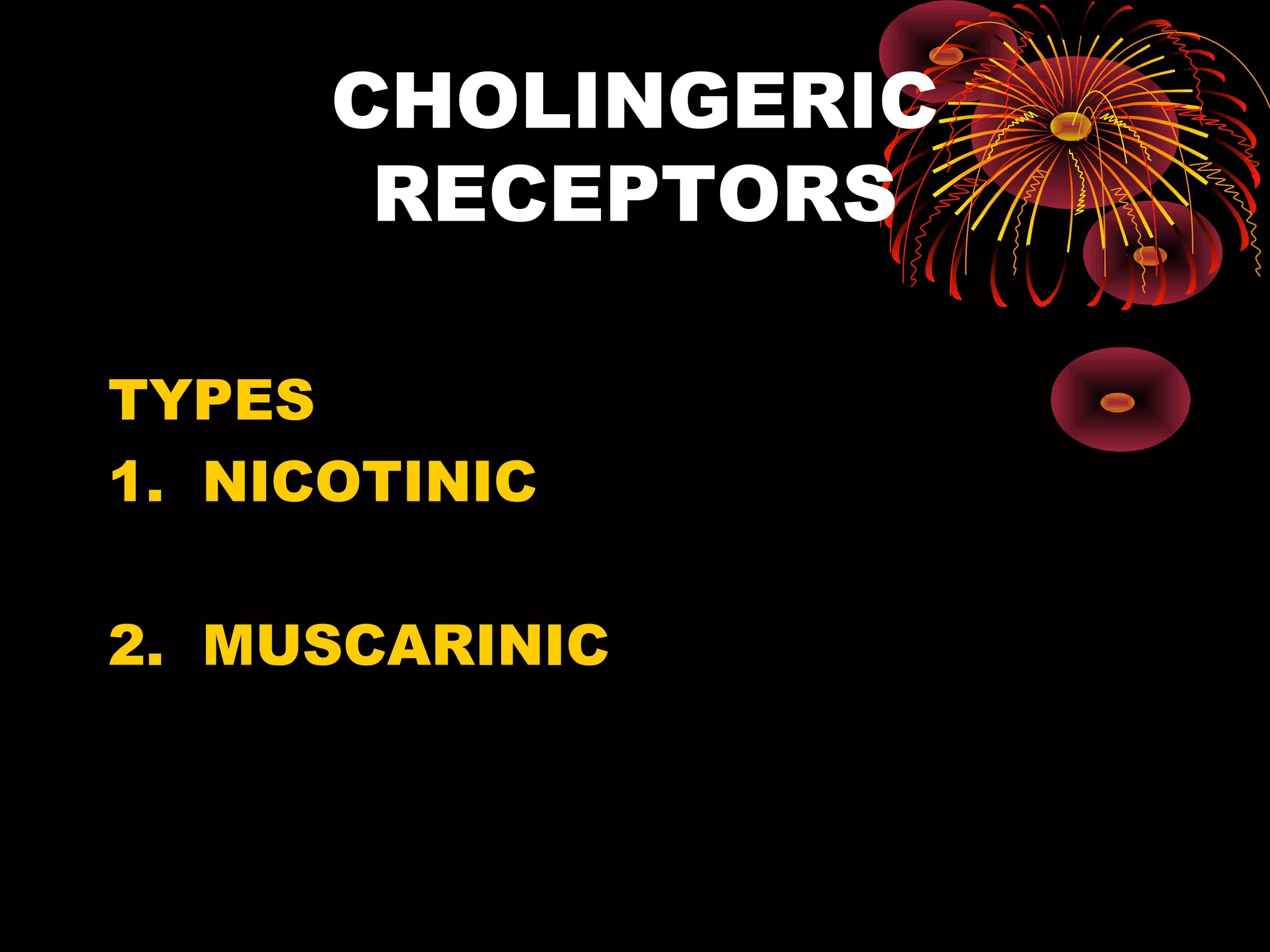 CHOLINGERIC
       RECEPTORS

TYPES
1. NICOTINIC

2. MUSCARINIC
 