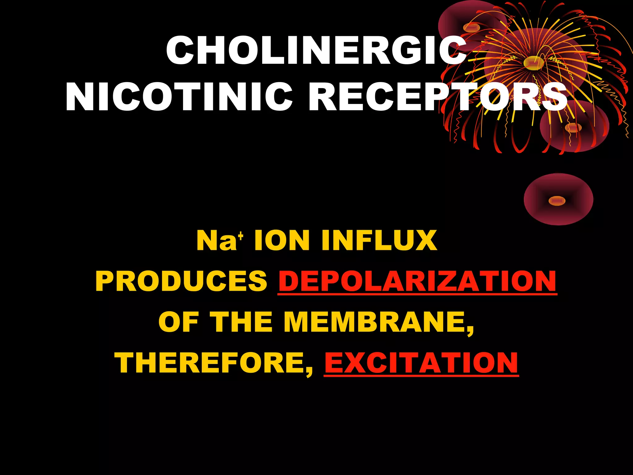 CHOLINERGIC
NICOTINIC RECEPTORS


      Na+ ION INFLUX
 PRODUCES DEPOLARIZATION
    OF THE MEMBRANE,
  THEREFORE, EXCITATION
 