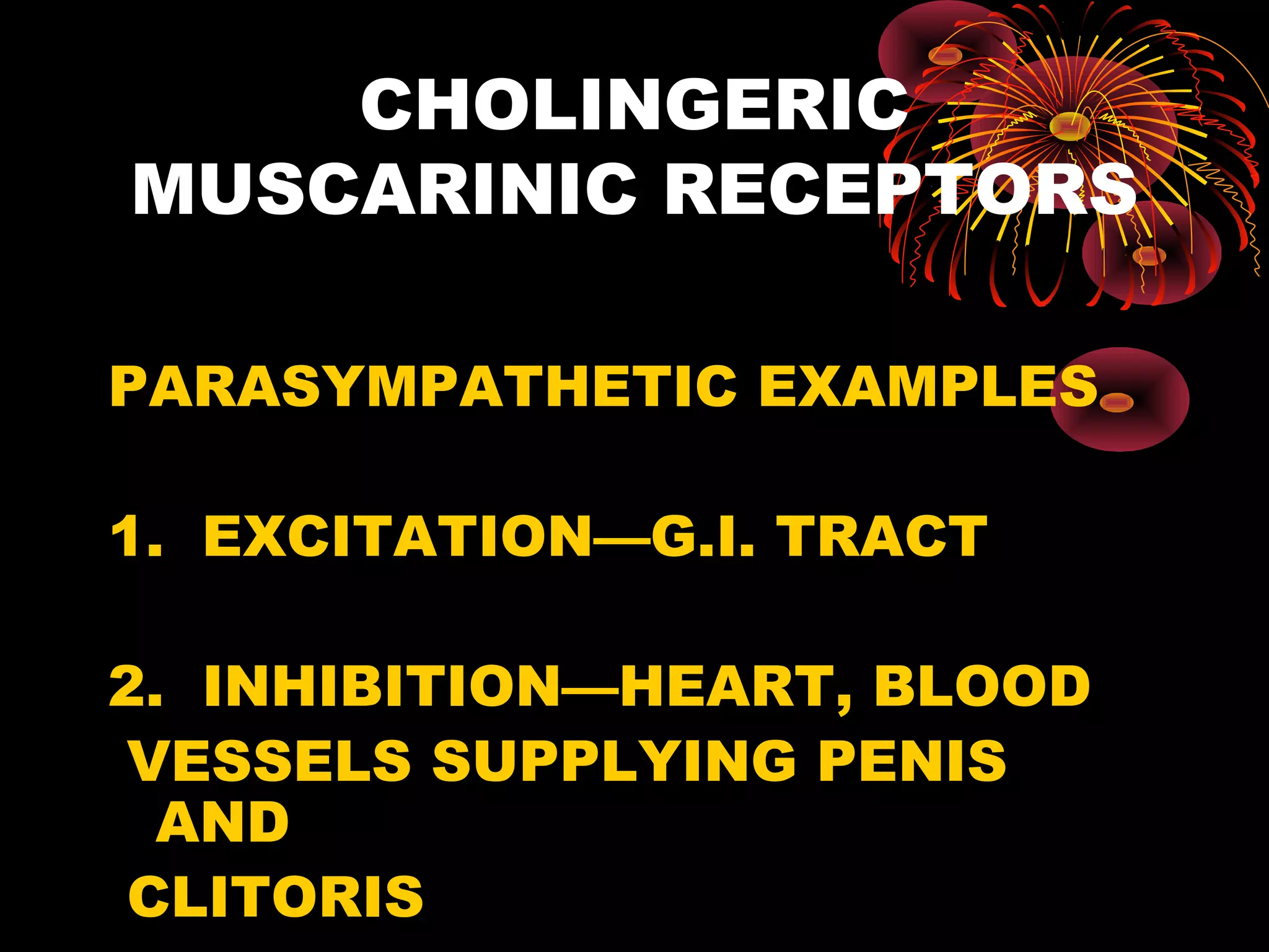 CHOLINGERIC
MUSCARINIC RECEPTORS

PARASYMPATHETIC EXAMPLES

1. EXCITATION—G.I. TRACT

2. INHIBITION—HEART, BLOOD
 VESSELS SUPPLYING PENIS
  AND
 CLITORIS
 