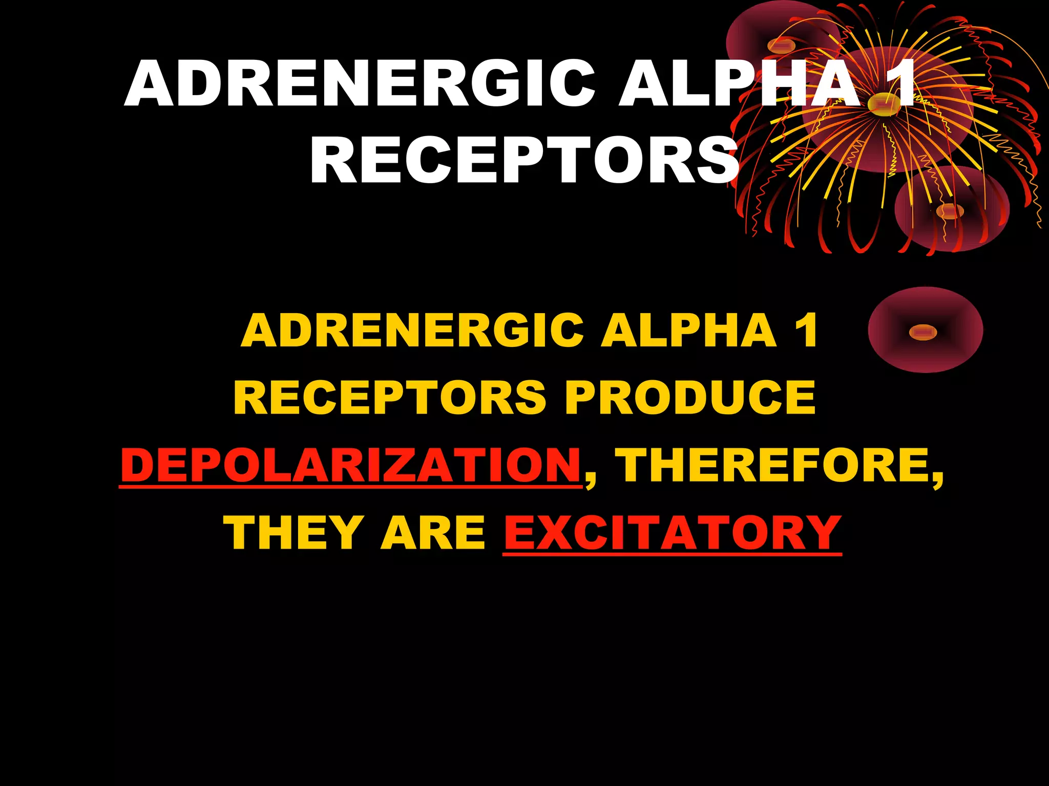 ADRENERGIC ALPHA 1
    RECEPTORS

    ADRENERGIC ALPHA 1
   RECEPTORS PRODUCE
DEPOLARIZATION, THEREFORE,
   THEY ARE EXCITATORY
 