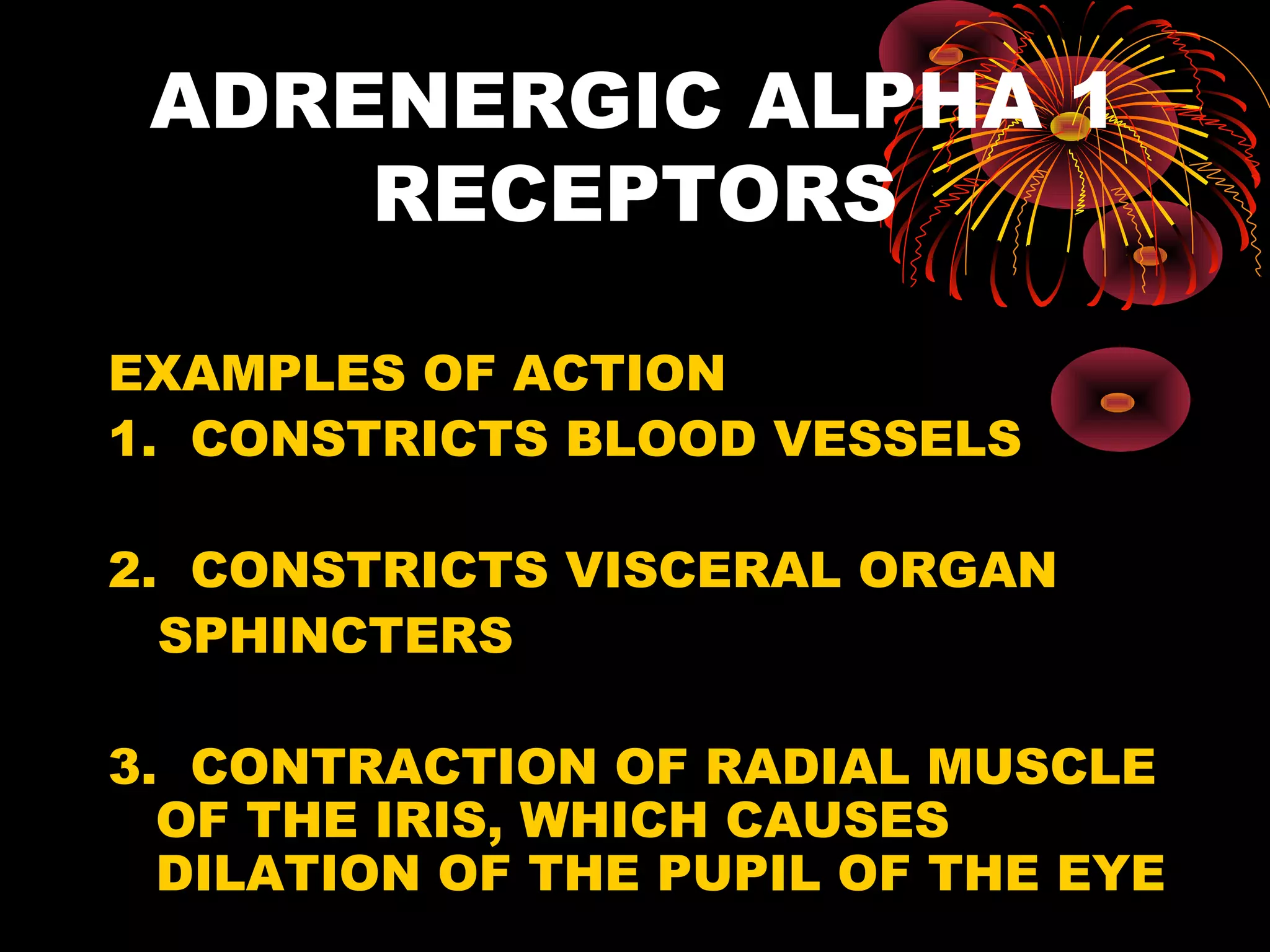 ADRENERGIC ALPHA 1
     RECEPTORS

EXAMPLES OF ACTION
1. CONSTRICTS BLOOD VESSELS

2. CONSTRICTS VISCERAL ORGAN
  SPHINCTERS

3. CONTRACTION OF RADIAL MUSCLE
  OF THE IRIS, WHICH CAUSES
  DILATION OF THE PUPIL OF THE EYE
 
