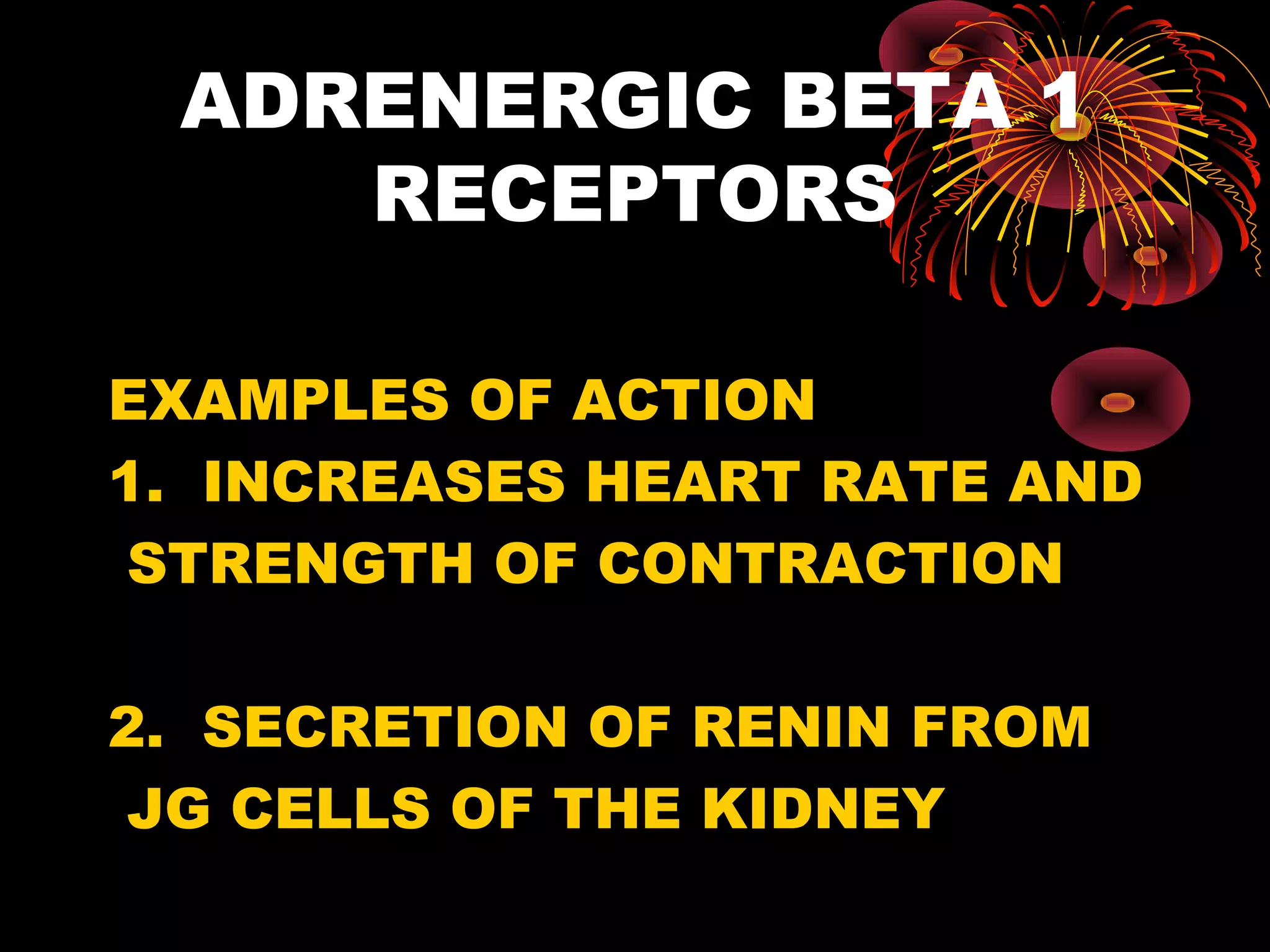 ADRENERGIC BETA 1
    RECEPTORS

EXAMPLES OF ACTION
1. INCREASES HEART RATE AND
 STRENGTH OF CONTRACTION

2. SECRETION OF RENIN FROM
 JG CELLS OF THE KIDNEY
 