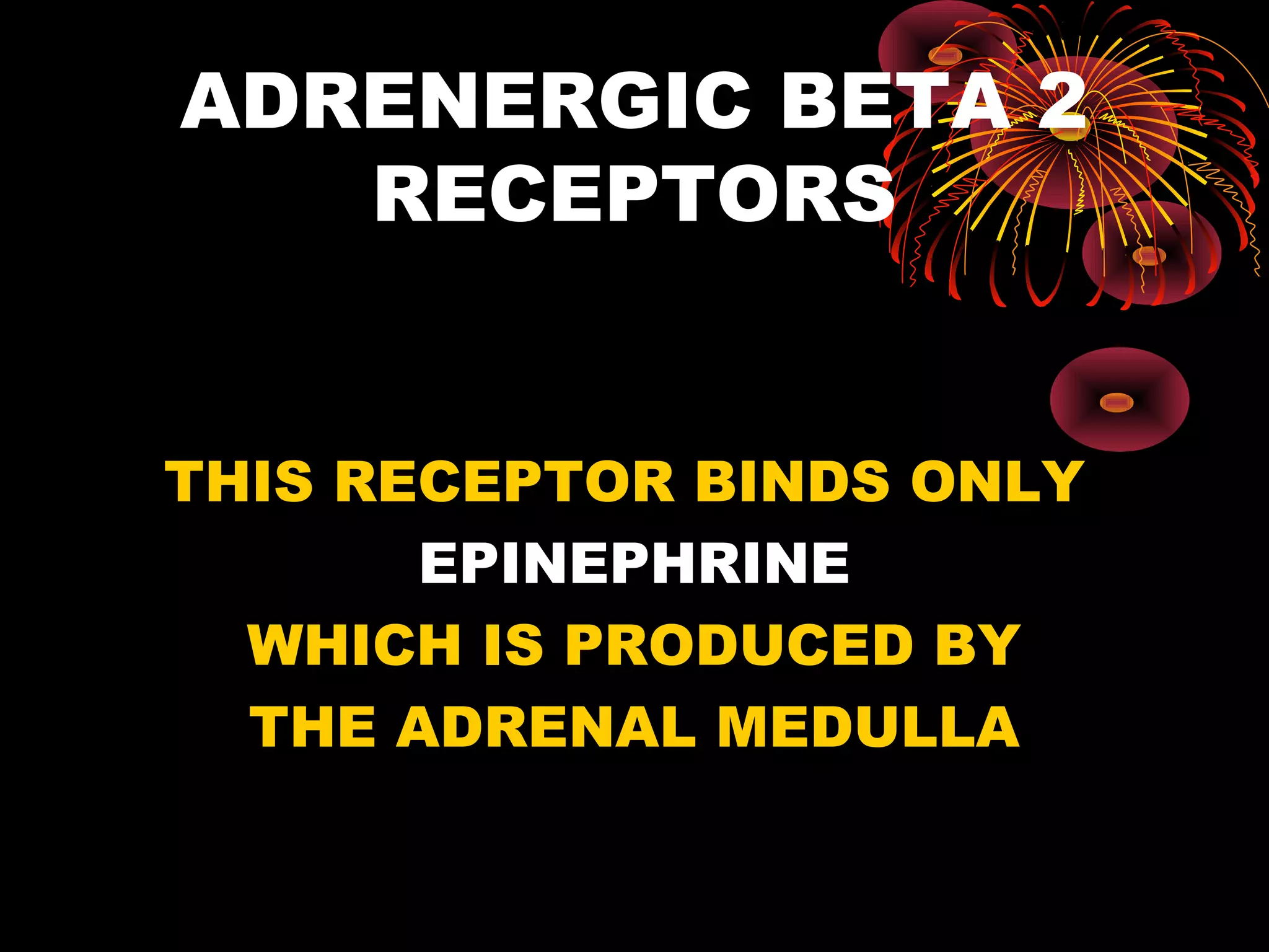 ADRENERGIC BETA 2
   RECEPTORS


THIS RECEPTOR BINDS ONLY
       EPINEPHRINE
  WHICH IS PRODUCED BY
  THE ADRENAL MEDULLA
 