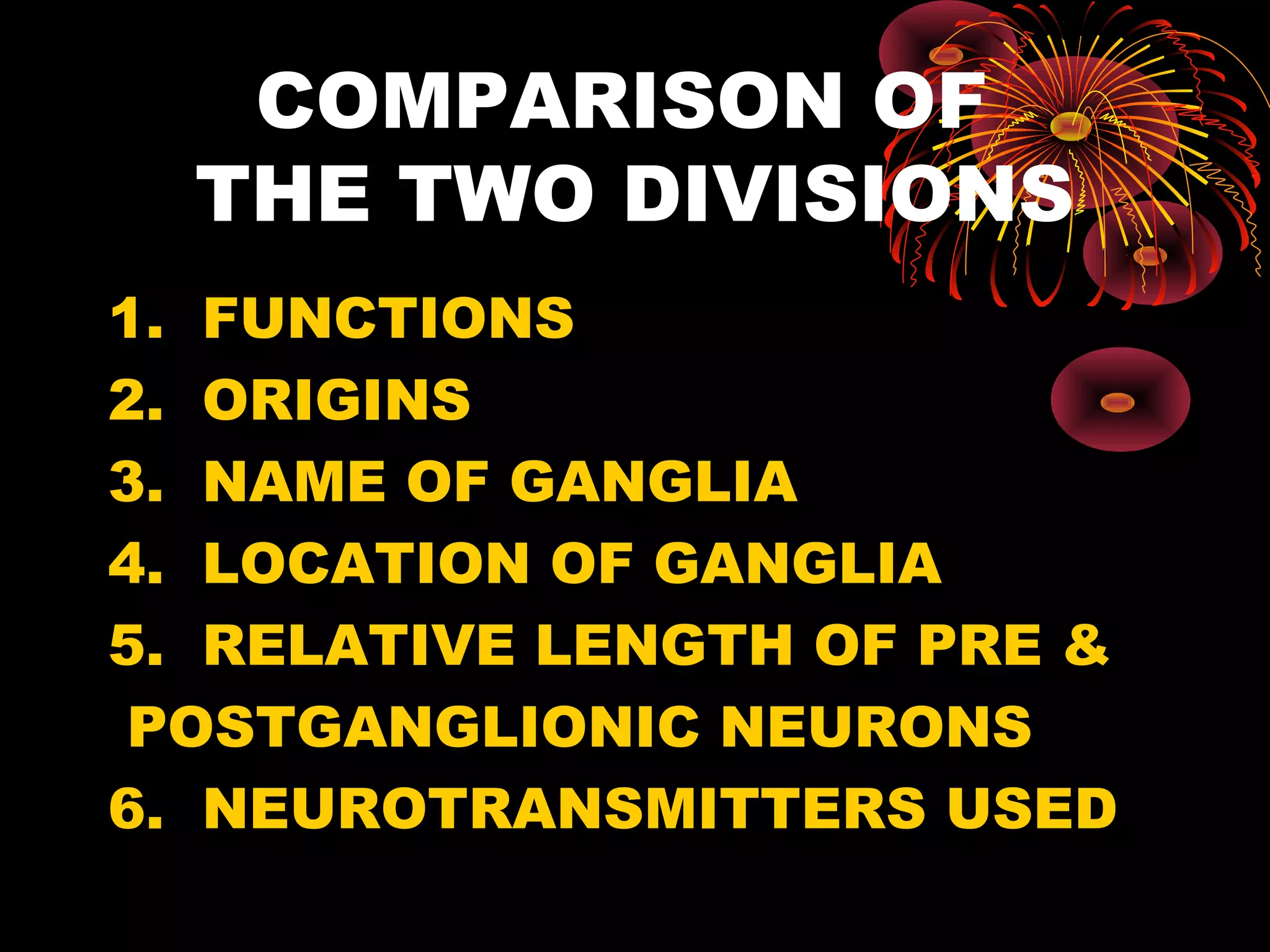 COMPARISON OF
  THE TWO DIVISIONS
1. FUNCTIONS
2. ORIGINS
3. NAME OF GANGLIA
4. LOCATION OF GANGLIA
5. RELATIVE LENGTH OF PRE &
 POSTGANGLIONIC NEURONS
6. NEUROTRANSMITTERS USED
 