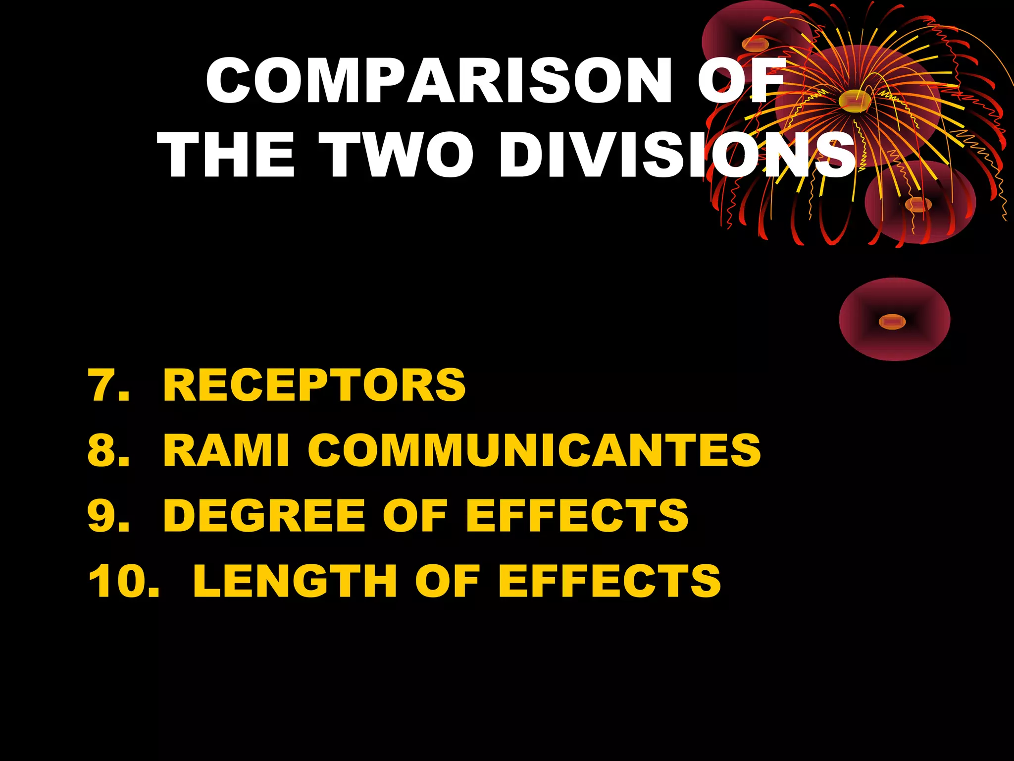 COMPARISON OF
  THE TWO DIVISIONS


7. RECEPTORS
8. RAMI COMMUNICANTES
9. DEGREE OF EFFECTS
10. LENGTH OF EFFECTS
 