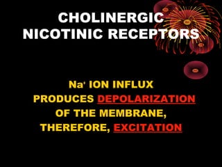 CHOLINERGIC
NICOTINIC RECEPTORS


      Na+ ION INFLUX
 PRODUCES DEPOLARIZATION
    OF THE MEMBRANE,
  THEREFORE, EXCITATION
 