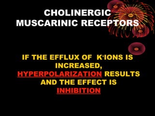 CHOLINERGIC
MUSCARINIC RECEPTORS


 IF THE EFFLUX OF K+IONS IS
         INCREASED,
HYPERPOLARIZATION RESULTS
      AND THE EFFECT IS
          INHIBITION
 
