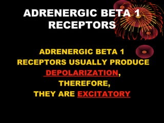 ADRENERGIC BETA 1
    RECEPTORS

    ADRENERGIC BETA 1
RECEPTORS USUALLY PRODUCE
     DEPOLARIZATION,
        THEREFORE,
   THEY ARE EXCITATORY
 