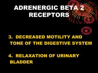 ADRENERGIC BETA 2
    RECEPTORS


3. DECREASED MOTILITY AND
 TONE OF THE DIGESTIVE SYSTEM

4. RELAXATION OF URINARY
 BLADDER
 