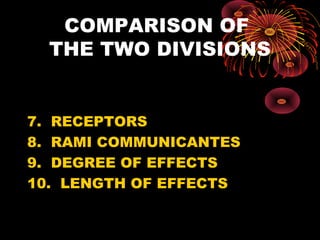 COMPARISON OF
  THE TWO DIVISIONS


7. RECEPTORS
8. RAMI COMMUNICANTES
9. DEGREE OF EFFECTS
10. LENGTH OF EFFECTS
 