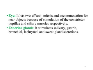 •Eye: It has two effects- miosis and accommodation for
near objects because of stimulation of the constrictor
pupillae and ciliary muscles respectively.
•Exocrine glands: it stimulates salivary, gastric,
bronchial, lachrymal and sweat gland secretions.
19
 