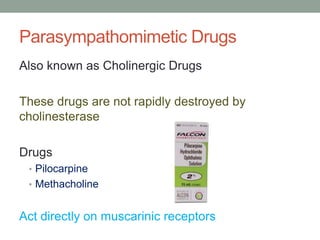Parasympathomimetic Drugs
Also known as Cholinergic Drugs
These drugs are not rapidly destroyed by
cholinesterase
Drugs
• ...