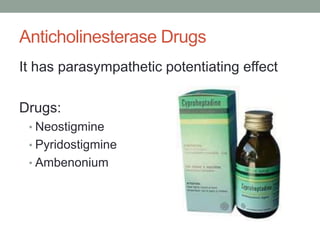 Anticholinesterase Drugs
It has parasympathetic potentiating effect
Drugs:
• Neostigmine
• Pyridostigmine
• Ambenonium
 