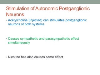 Stimulation of Autonomic Postganglionic
Neurons
• Acetylcholine (injected) can stimulates postganglionic
neurons of both s...