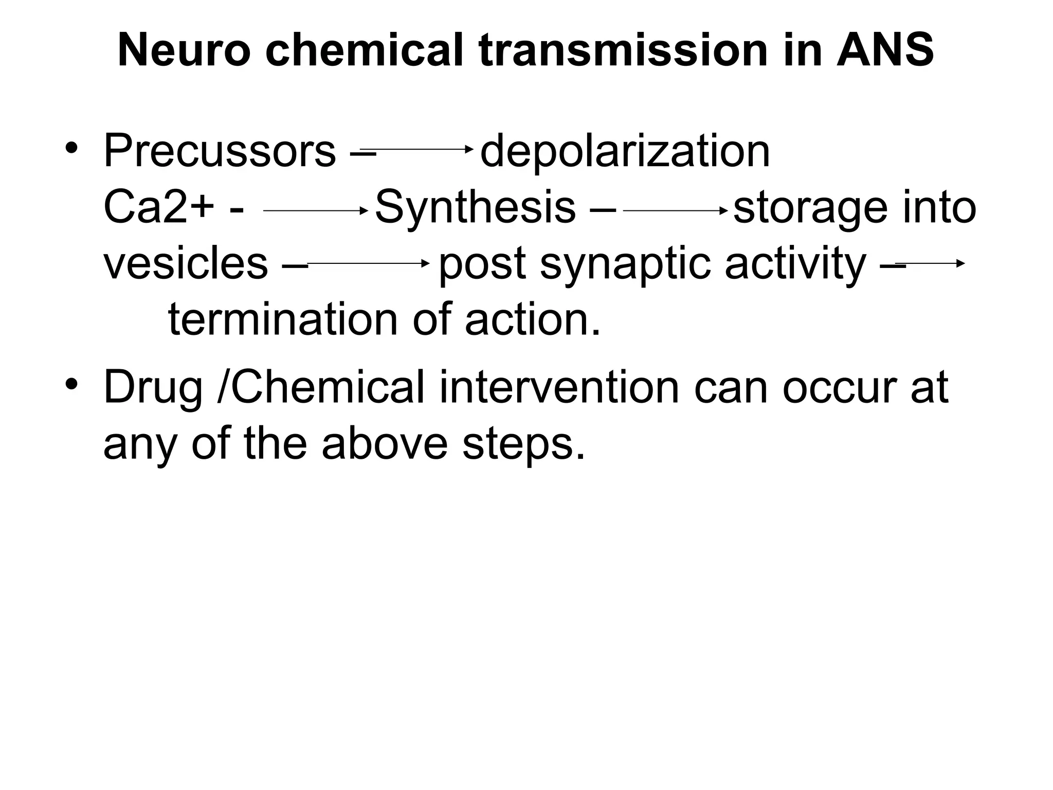 Neuro chemical transmission in ANS
• Precussors – depolarization
Ca2+ - Synthesis – storage into
vesicles – post synaptic activity –
termination of action.
• Drug /Chemical intervention can occur at
any of the above steps.
 