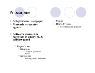 Pilocarpine
 Antiglaucoma, sialogogue                Miosis
 Muscarinic receptor                     Blurred vision
 agonist                                    Accommodative spasm


 Activates muscarinic
 receptors in ciliary m. &
 salivary gland

    Sjogren’s syn
       Glaucoma
         • Ciliary m. ↑ aqueous
           humor
       Xerostomia
         • Salivary gland ↑ salivation
 
