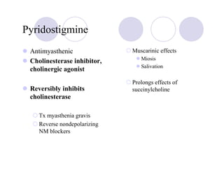 Pyridostigmine
 Antimyasthenic               Muscarinic effects
                                 Miosis
 Cholinesterase inhibitor,
                                 Salivation
 cholinergic agonist
                              Prolongs effects of
 Reversibly inhibits          succinylcholine
 cholinesterase

    Tx myasthenia gravis
    Reverse nondepolarizing
    NM blockers
 